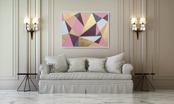Large Geometric Modern Painting with Gold Leaf Contemporary Artwork Pink Beige Gray Golden Painting