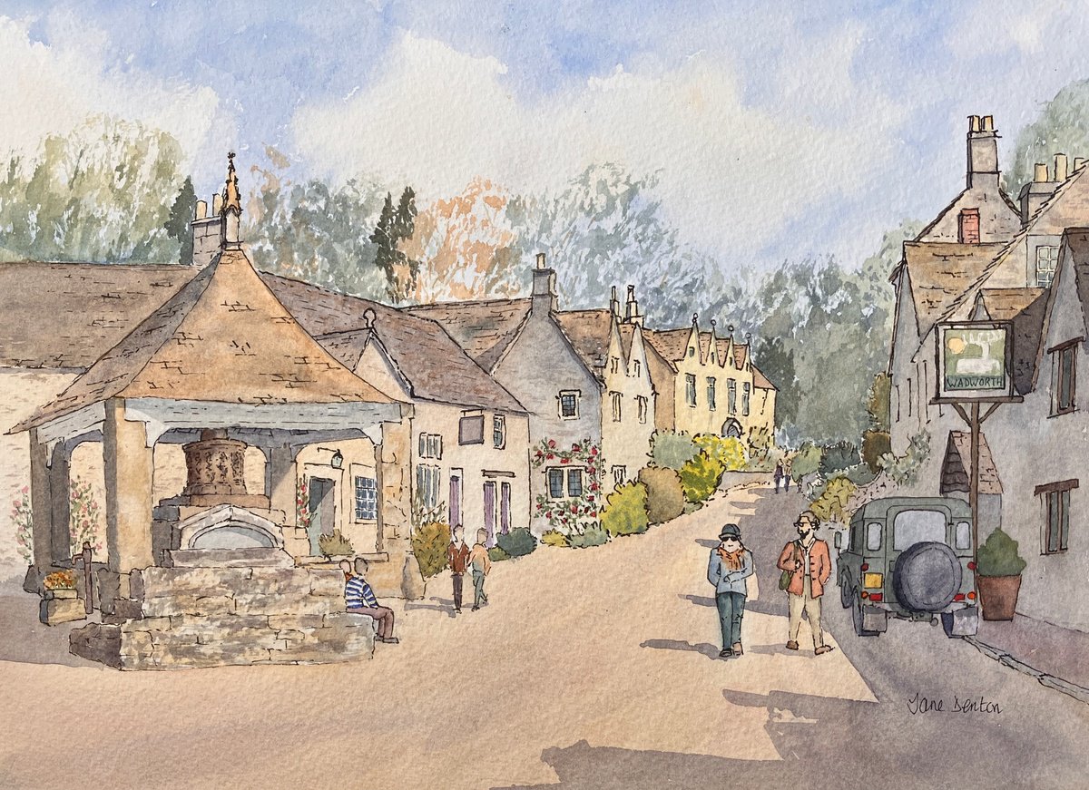 Impressionistic Cityscapes Watercolour By Jane Denton, 13 X 9, Market Cross, Castle Combe, Original Artwork