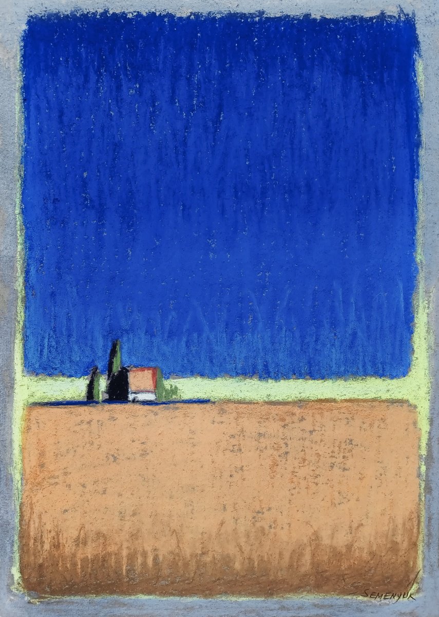 Abstract Landscape Pastel Drawing By Evgen Semenyuk, 16 X 20, Blue Ochre Minimal Landscape, Original Artwork