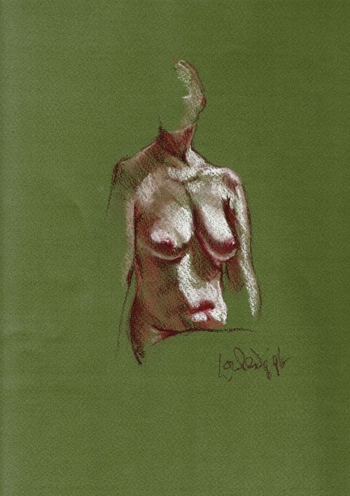 Georgie - female nude - front view - green background by Louise Diggle