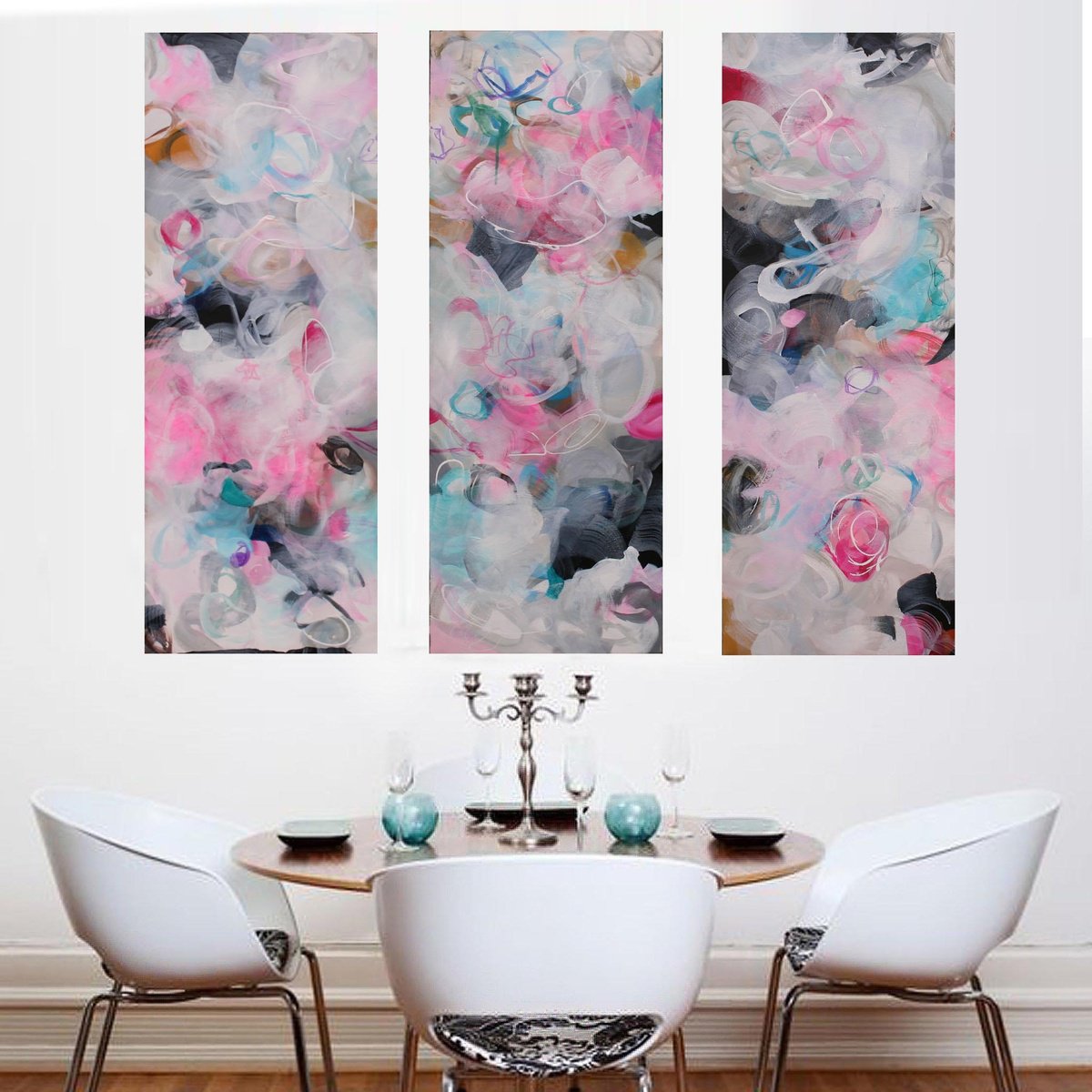 Organic Abstract Acrylic Painting By Susan Wooler, 35 X 31", Xxl Pink Twilight Triptych, Original Artwork