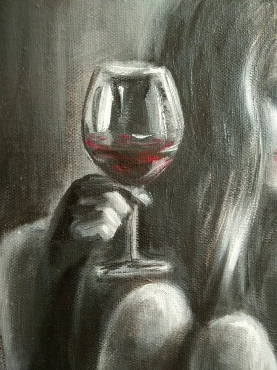 Monochrome Erotic Art Grisaille Portrait Naked Woman with Glass of Red Wine Beautiful Girl Black Art