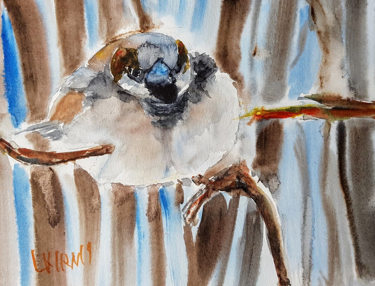 Impressionistic Animal Watercolour By Leonid Kirnus, 11 X 8", The Winter Scene With Bird, Original Artwork