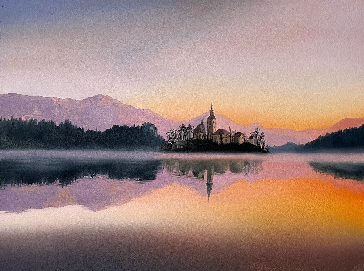Photorealistic Landscape Oil Painting By Simona Nedeva, 14 X 11", Stillness Over Bled, Original Artwork