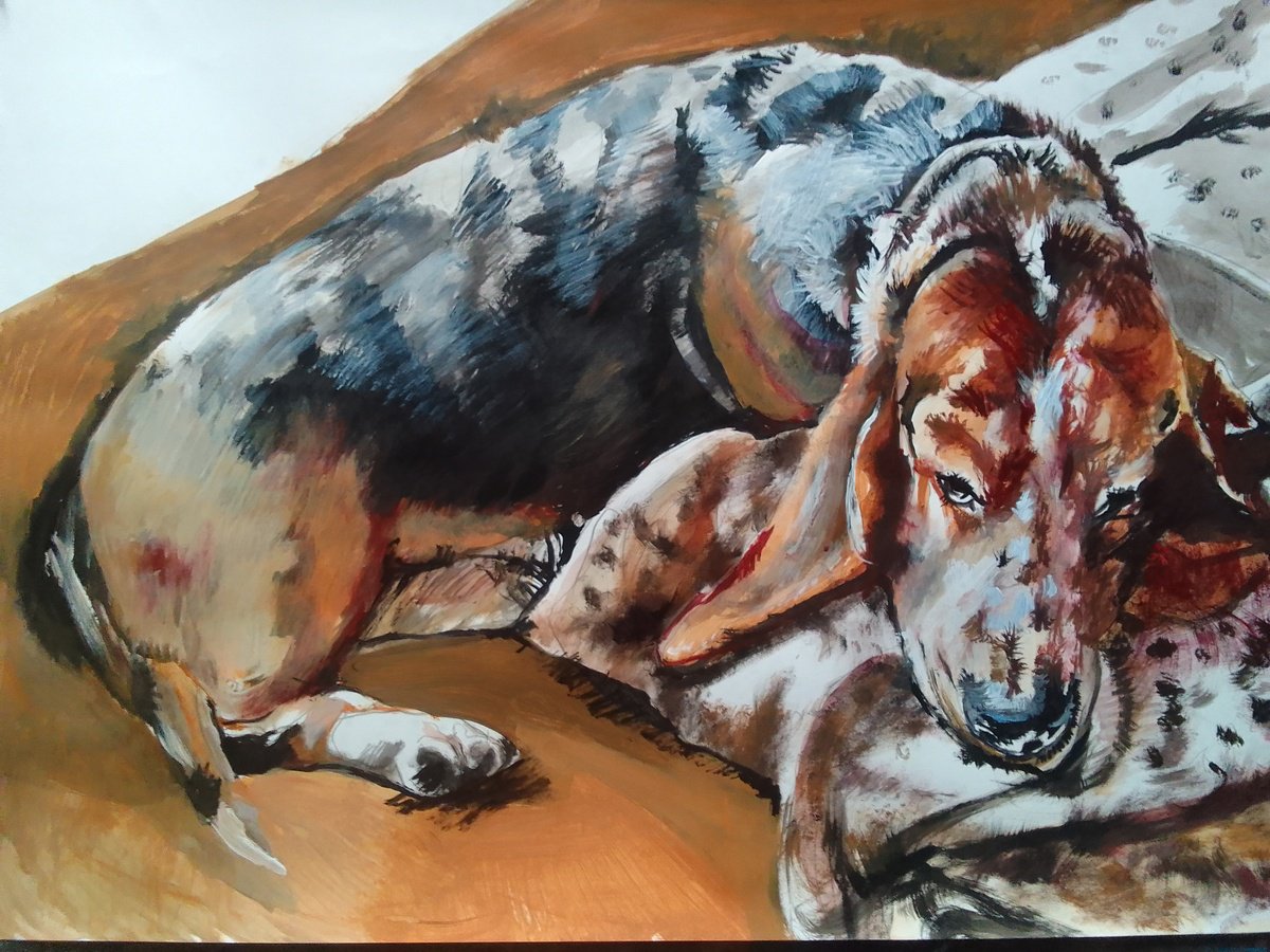 Impressionistic Animal Acrylic Painting By Soso Kumsiashvili, 33 X 24", Bassethound, Original Artwork