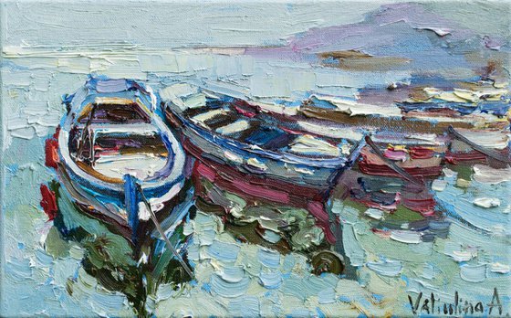 Moored rowing boats - Original oil seascape painting
