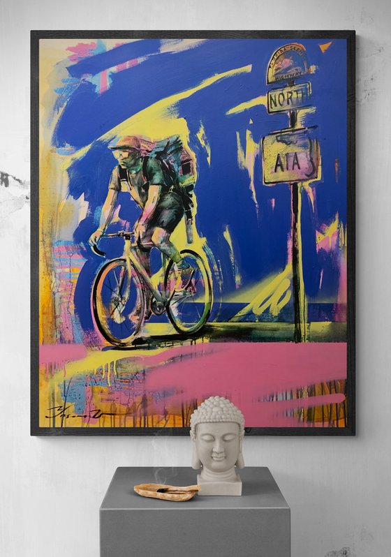 Bright big painting - "Young cyclist" - Urban Art - Pop Art - Bicycle - Street Art - City - Blue - Street scene