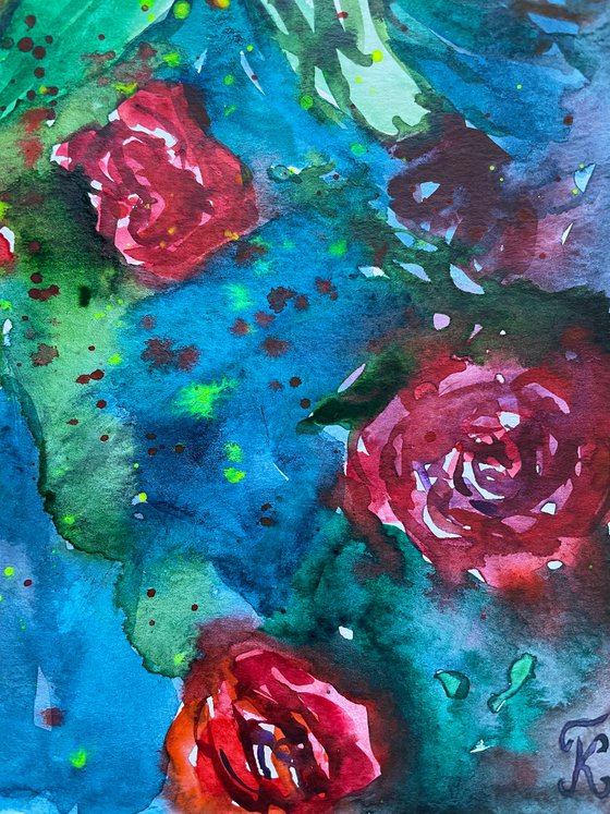 Abstract Flower Watercolor Painting, Roses Original Artwork, Red Floral Wall Art