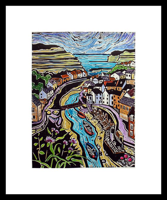 Staithes - Hand coloured Lino print