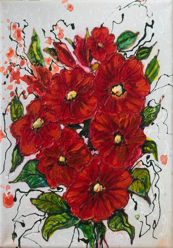 Abstract Red Flowers  7"X 10" X 0.5"