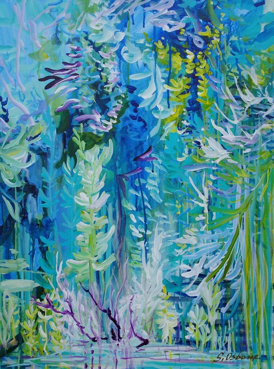 Abstract Tropical Flowers. Floral Garden. Magic Garden. Abstract Blue Floral Original Painting on Canvas 46x61cm Modern Art