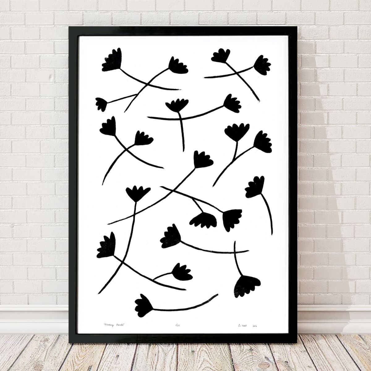 Floating Petals in Black on White - Framed - FREE UK Delivery by Lu West