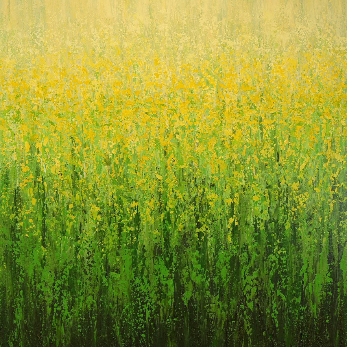 Expressive Abstract Acrylic Painting By Suzanne Vaughan, 40 X 40", Yellow Blooms - Color Field, Original Artwork