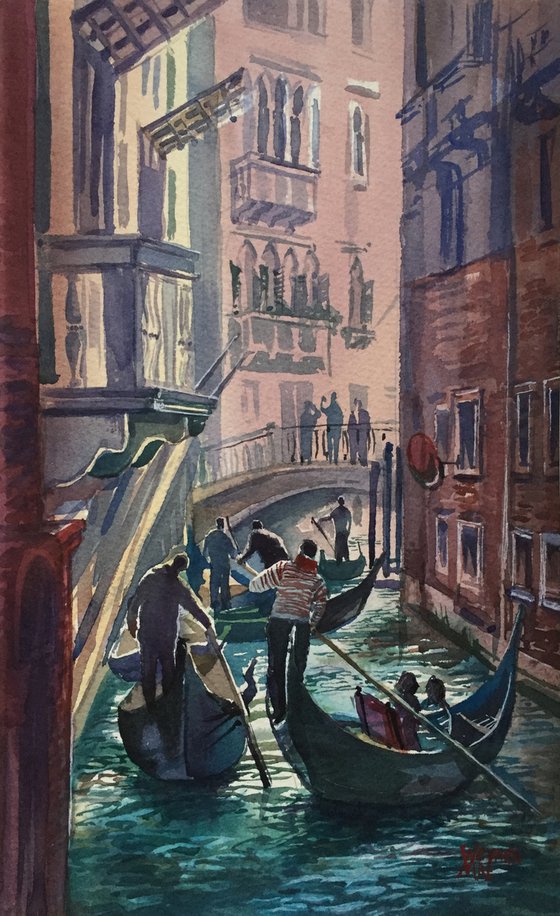 Gondoliers on the Venetian canals.