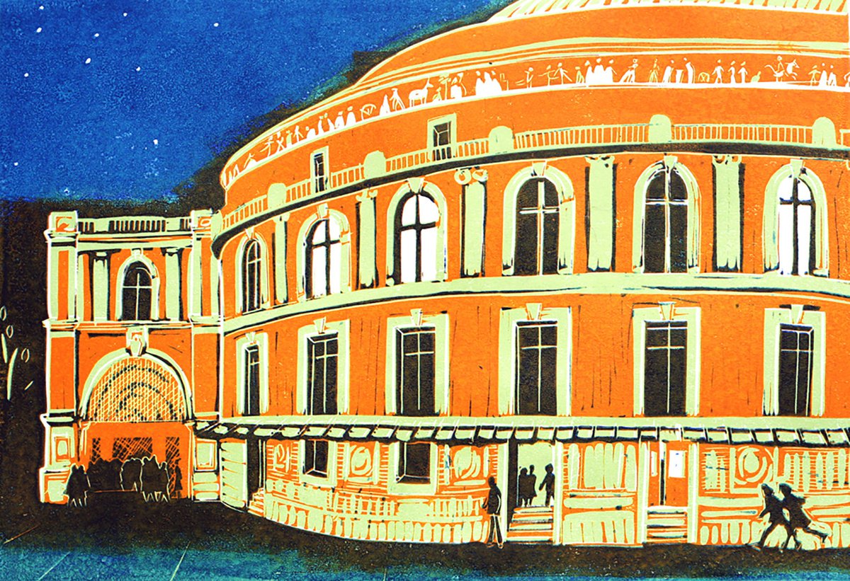 Royal Albert Hall, London, evening. Limited Edition large linocut by Fiona Horan