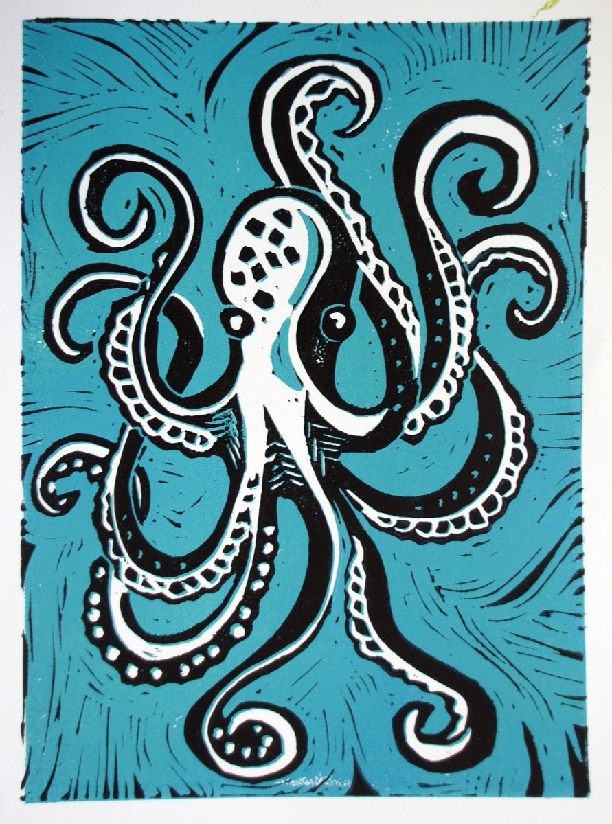 Graphic Animal Linocut By Julia Rigby, 6 X 8", Octopus, Original Artwork