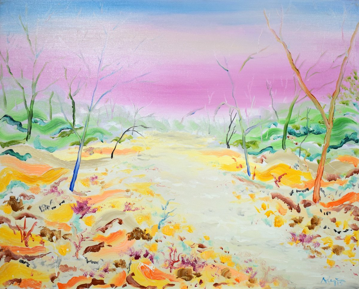 Impressionistic Landscape Acrylic Painting By Alejos, 39 X 32, Path Between The Trees, Original Artwork