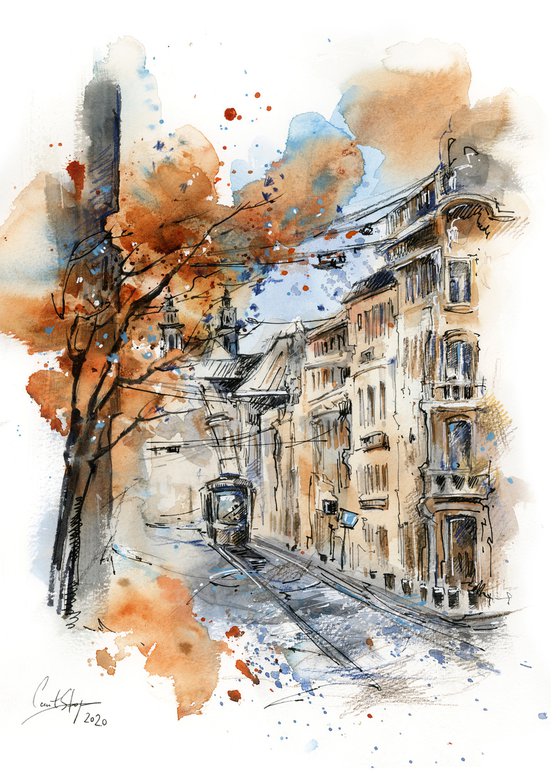 Architecture Sketch - Street and Autumn tree