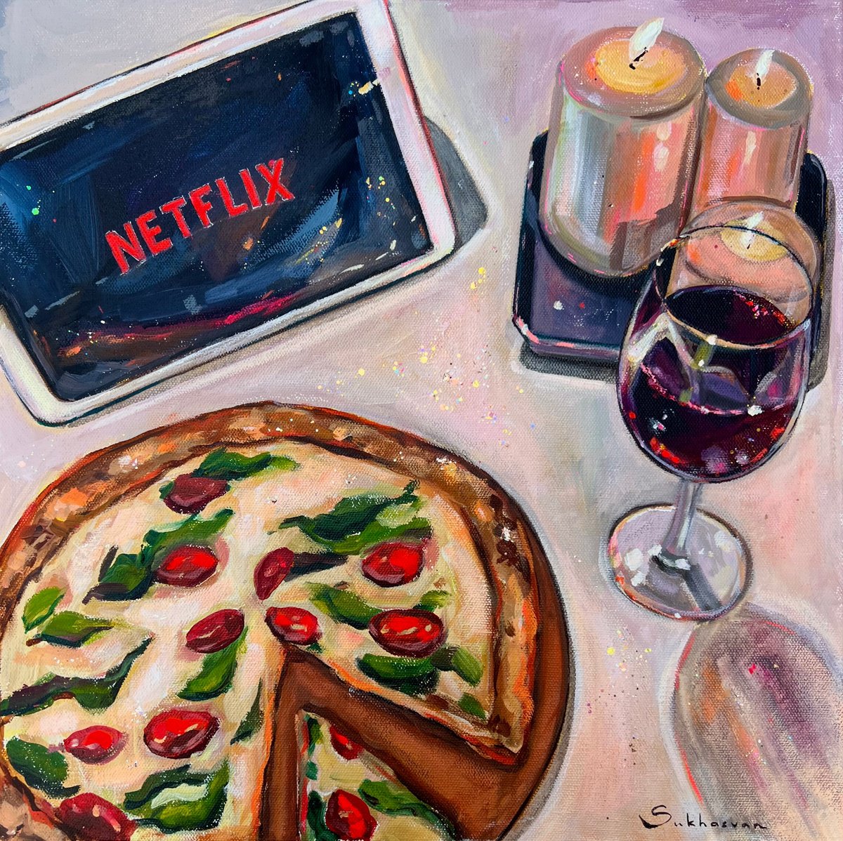 Impressionistic Still Life Acrylic Painting By Victoria Sukhasyan, 16 X 16", Friday Night, Original Artwork