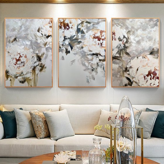 Beige abstract flower - peonies interior art, delicate abstract 3D brush strokes.