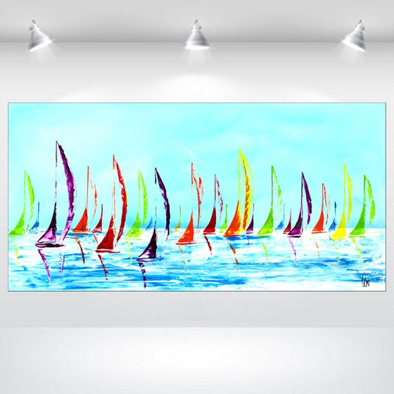 Happy Mess- Abstract- Colourfull Sailboat Painting- Large Acrylic Art Canvas Wart Art Ready to hang