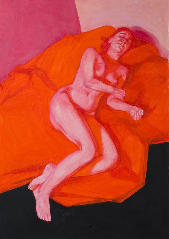 modern portrait of a nude woman in red pink and black