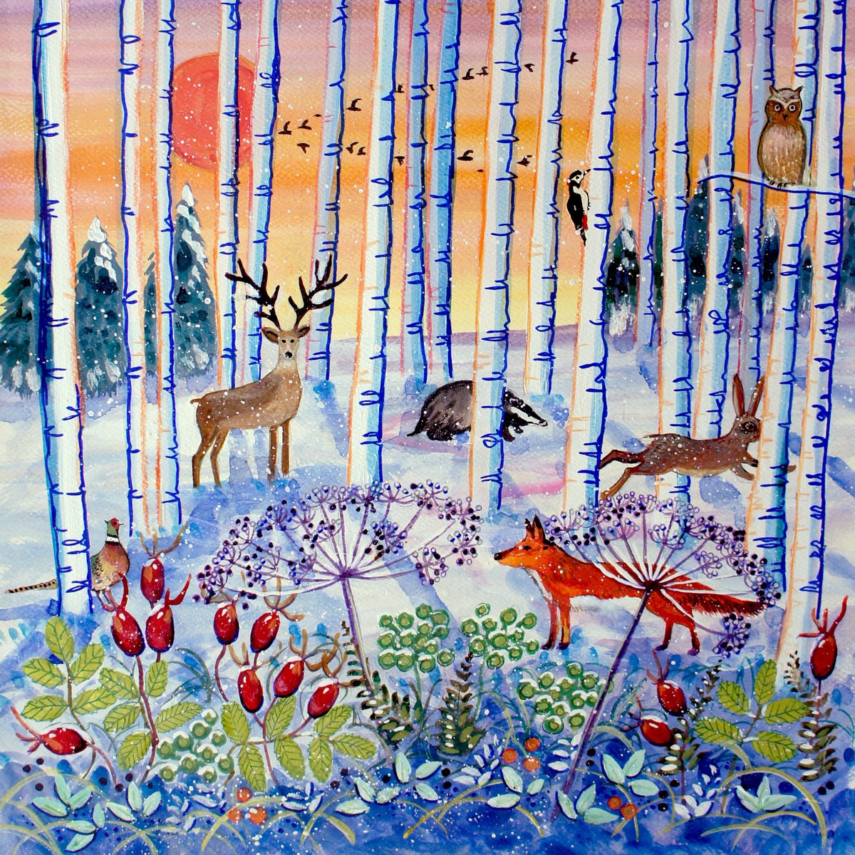 Animal Painting By Julia Rigby, 16 X 16", Sunset Forest, Original Artwork