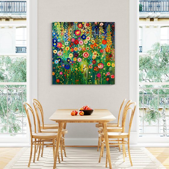 Klimt's garden. Colorful abstract floral painting with vivid flowers