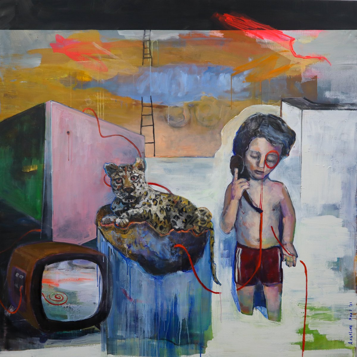 Impressionistic Portrait Oil Painting By Angeline Maas, 59 X 59, Boy Of Summer, Original Artwork