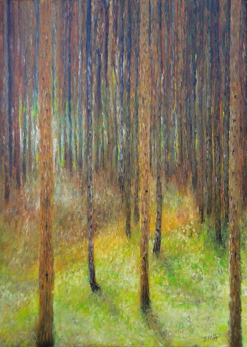 Homage to Klimt pine forest 2, 50x70cm, pine trees landscape by Emilia Milcheva