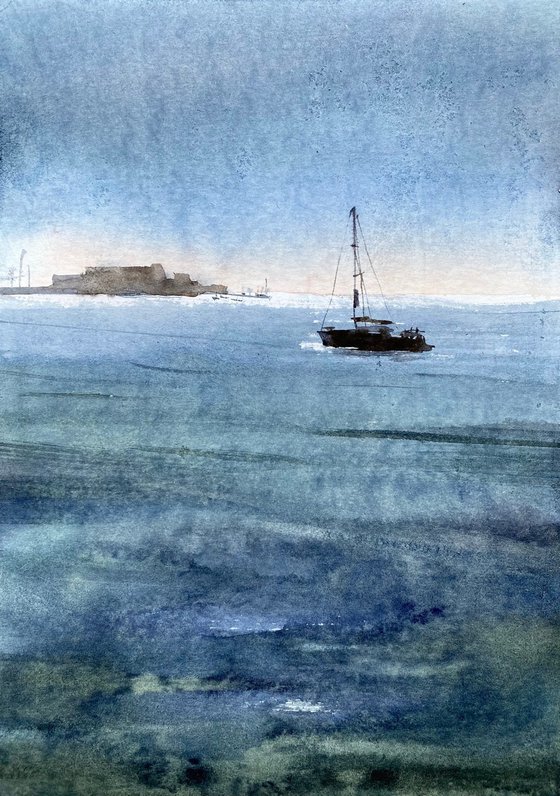 Boat in the sea - original seascape watercolor