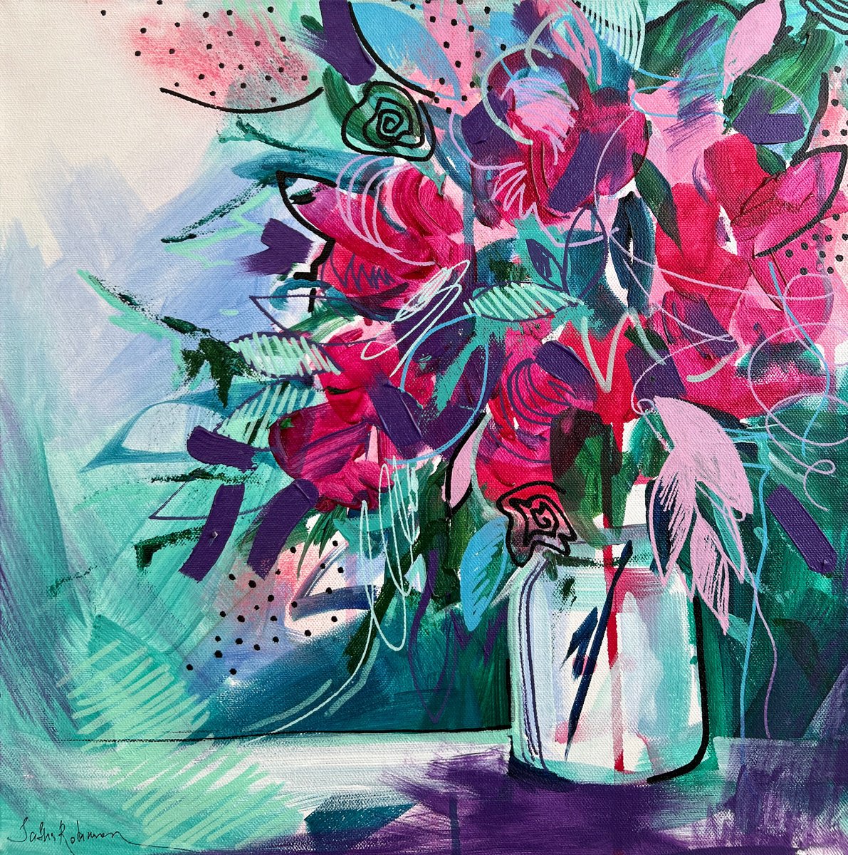 ABSTRACT FLOWERS VERY PERI VIVA MAGENTA painting 40 ? 40 cm by Sasha Robinson
