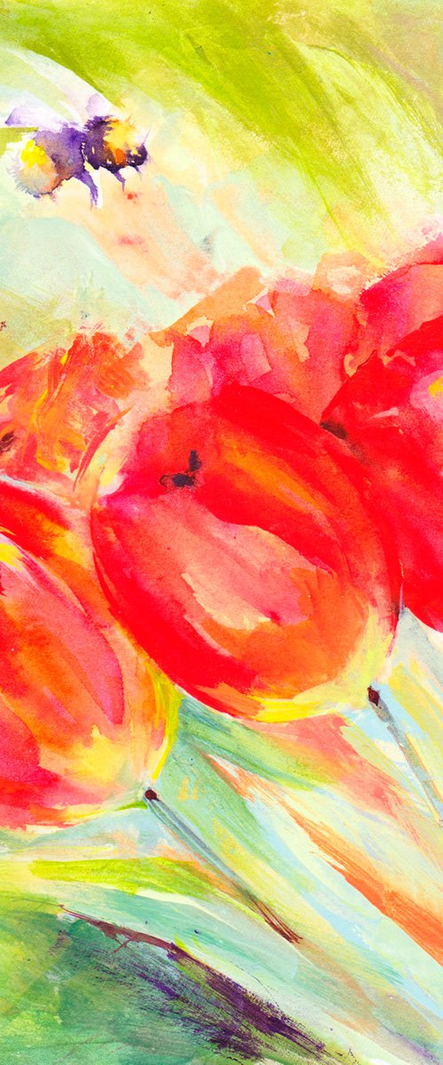 Original Tulip and bee painting by Anjana Cawdell