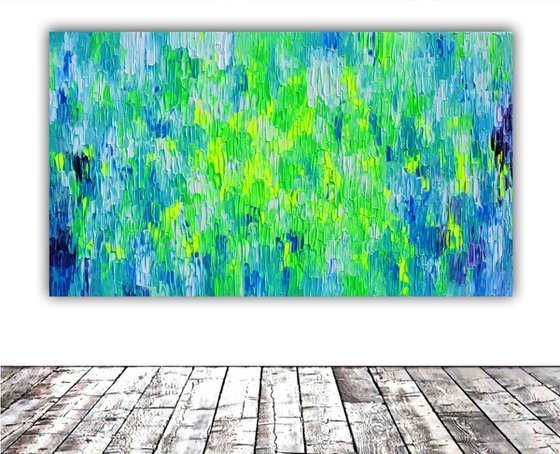 55x31.5'' Large Ready to Hang Blue Modern Relief Palette Knife Abstract Painting - XXXL Relief Blue