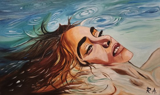 Woman floating on water 30*50cm - oil painting