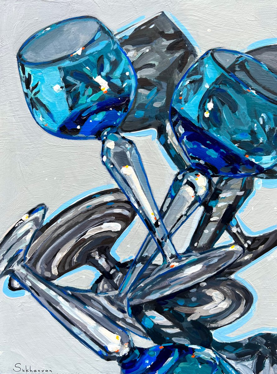 Impressionistic Still Life Acrylic Painting By Victoria Sukhasyan, 9 X 12", Still Life With Blue Wine Glasses, Original Artwork