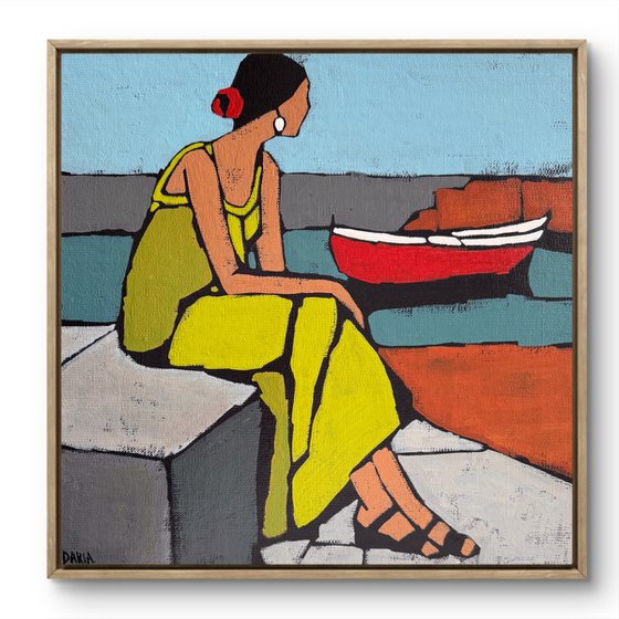 "Woman by the Water with Red Boat" 12x12in
