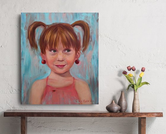 Girl with ponytails, ladybug and cherry earrings portrait