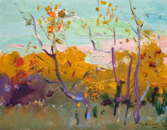 Soft autumn . Sunset .  Moments of autumn . Original oil painting