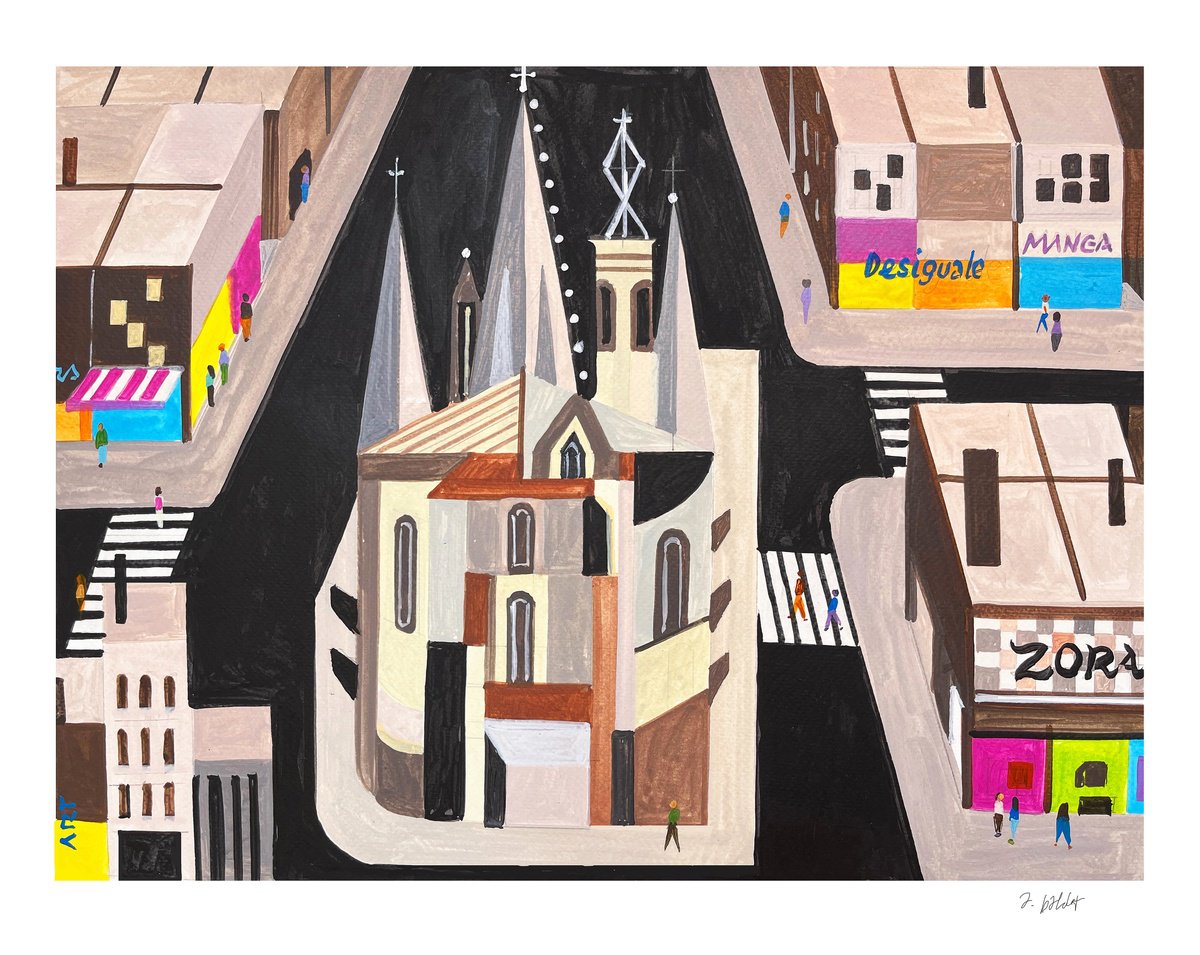 Urban And Pop Cityscapes Acrylic Painting By Andre Baldet, 17 X 14, Barcelona-04, Original Artwork