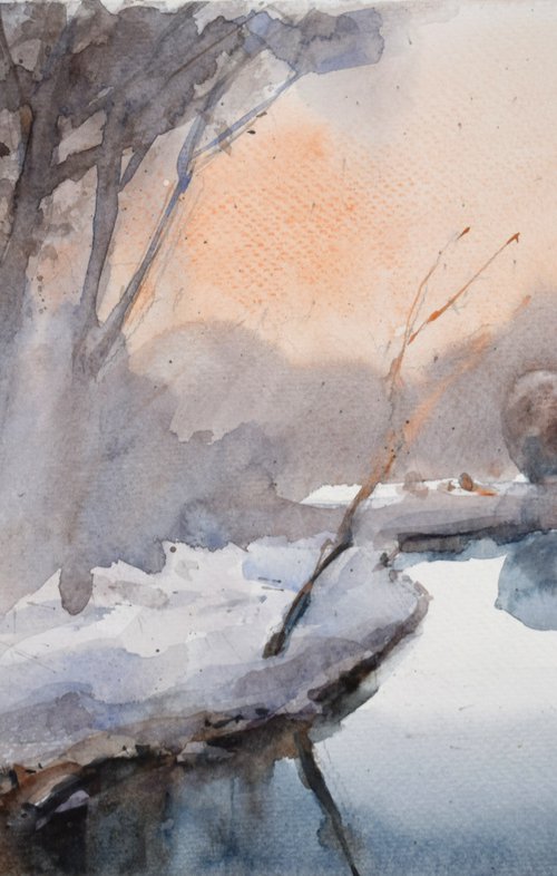 Foggy winter sunset by Goran Žigolić Watercolors