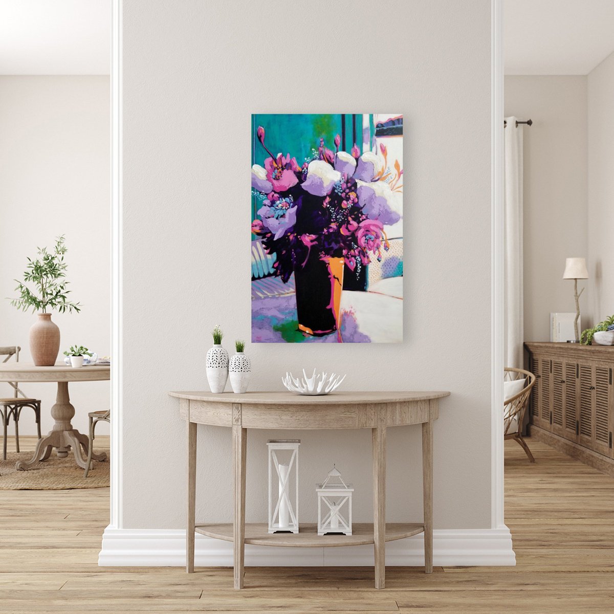 Impressionistic Botanical Acrylic Painting By Karen Rieger, 20 X 30", Sun-Kissed Blooms, Original Artwork