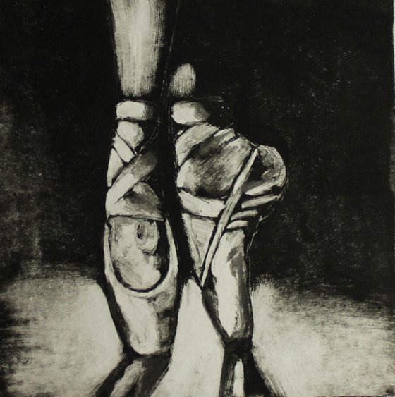 On Pointe, Ballet Shoes Print, Monoprint, Birds Monotype Print Framed and Ready to Hang