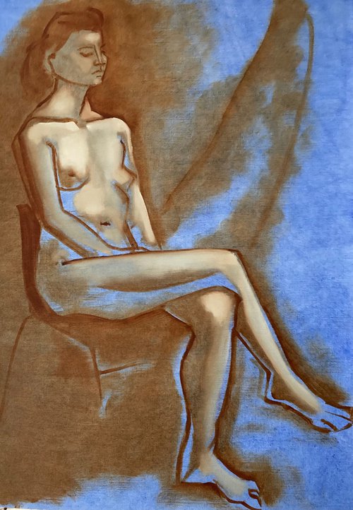 Sitting Nude with Blue Underpainting by Tarja Laine