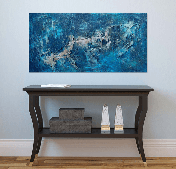 Large Blue Abstract Seascape Textured Painting Blue, Silver, Gold. Modern Art with Heavy Texture. Abstract Landscape Contemporary Artwork for Livingroom or Bedroom