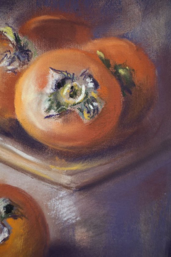 Persimmon still life. Original pastel painting. Small impressionistic fruits still life orange purple decor kitchen provence