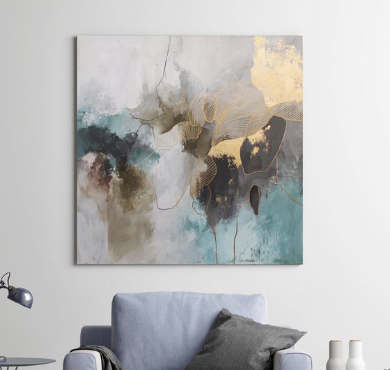 "Miracle" Abstract teal and gold acrylic art