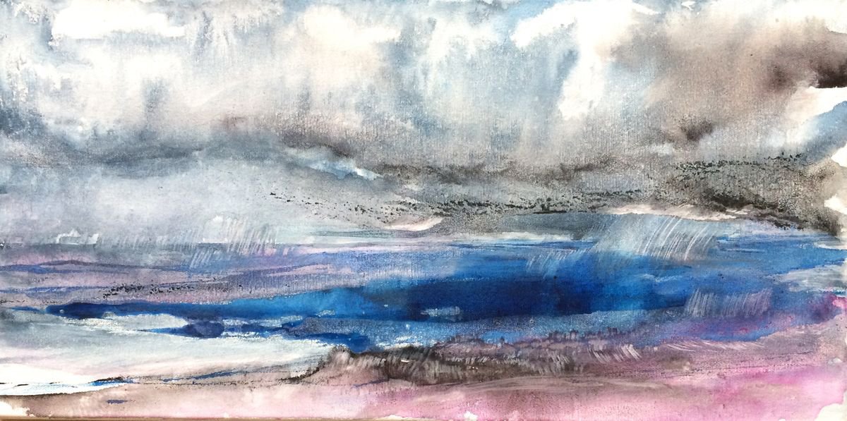 Abstract Landscape Watercolour By Gesa Reuter, 24 X 12, Winter Dream, Original Artwork