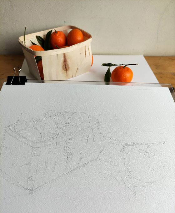 Ukrainian watercolour. Tangerines in a basket