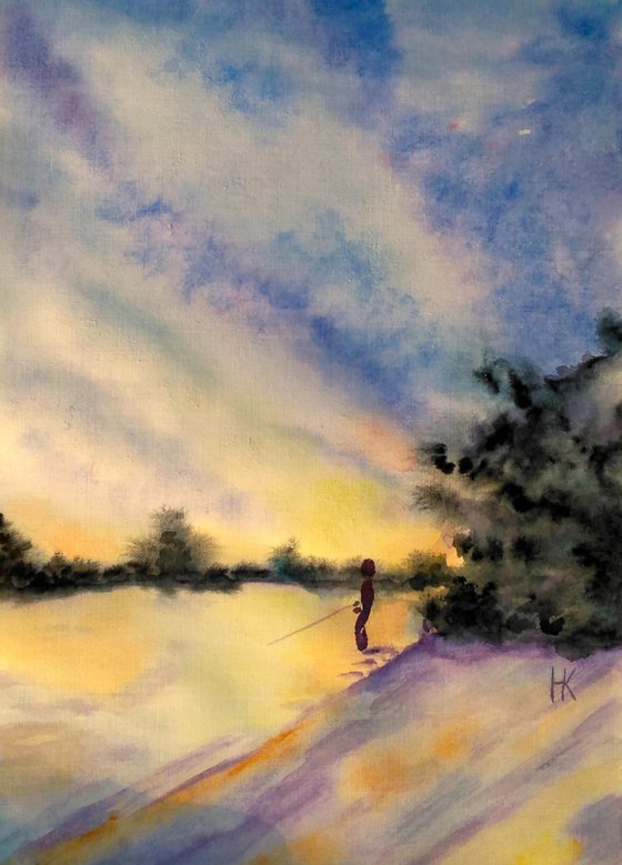 Fishing Painting Riverside Original Art Fisherman Small Watercolor River Plein Air Artwork Landscape Wall Art 8 by 12" by Halyna Kirichenko